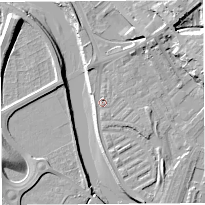 Shaded relief map of the ground around PR18DX, computed from Environment Agency LiDAR. The ground here sits at about 7 m above sea level and falls 21 m across the surrounding 800 m. Surface water reaching this point runs off ground lying to the south-east, 3.8 m higher.