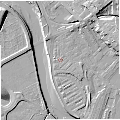 Shaded relief map of the ground around PR18DY, computed from Environment Agency LiDAR. The ground here sits at about 7 m above sea level and falls 22 m across the surrounding 800 m. Surface water reaching this point runs off ground lying to the east-south-east, 2.0 m higher.