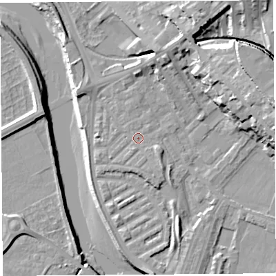 Shaded relief map of the ground around PR18EA, computed from Environment Agency LiDAR. The ground here sits at about 7 m above sea level and falls 23 m across the surrounding 800 m. Surface water reaching this point runs off ground lying to the south-east, 1.8 m higher.