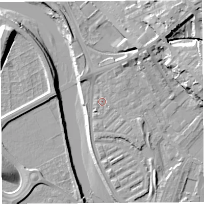 Shaded relief map of the ground around PR18EB, computed from Environment Agency LiDAR. The ground here sits at about 7 m above sea level and falls 24 m across the surrounding 800 m. Surface water reaching this point runs off ground lying to the south-east, 2.0 m higher.