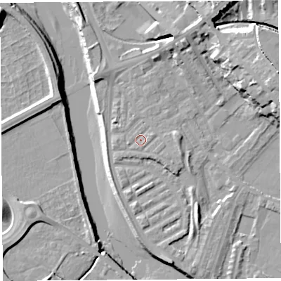Shaded relief map of the ground around PR18ED, computed from Environment Agency LiDAR. The ground here sits at about 7 m above sea level and falls 20 m across the surrounding 800 m. Surface water reaching this point runs off ground lying to the east-north-east, 0.9 m higher.