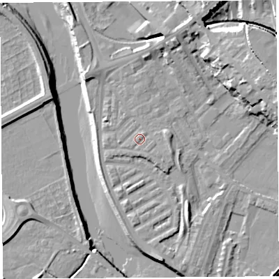 Shaded relief map of the ground around PR18EE, computed from Environment Agency LiDAR. The ground here sits at about 7 m above sea level and falls 20 m across the surrounding 800 m. Surface water reaching this point runs off ground lying to the north-north-east, 0.8 m higher.