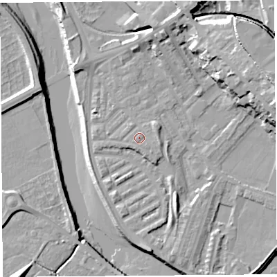Shaded relief map of the ground around PR18EH, computed from Environment Agency LiDAR. The ground here sits at about 8 m above sea level and falls 21 m across the surrounding 800 m. Surface water reaching this point runs off ground lying to the east-south-east, 1.2 m higher.