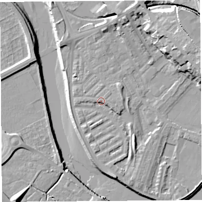 Shaded relief map of the ground around PR18EJ, computed from Environment Agency LiDAR. The ground here sits at about 7 m above sea level and falls 20 m across the surrounding 800 m. Surface water reaching this point runs off ground lying to the north-east, 15.3 m higher.