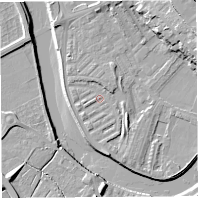 Shaded relief map of the ground around PR18EL, computed from Environment Agency LiDAR. The ground here sits at about 7 m above sea level and falls 20 m across the surrounding 800 m. Surface water reaching this point runs off ground lying to the east-north-east, 13.8 m higher.