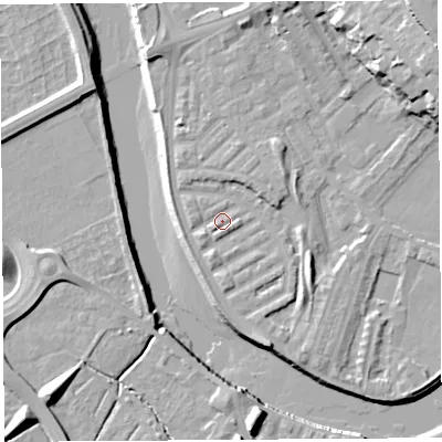 Shaded relief map of the ground around PR18EN, computed from Environment Agency LiDAR. The ground here sits at about 6 m above sea level and falls 20 m across the surrounding 800 m. Surface water reaching this point runs off ground lying to the north-east, 11.3 m higher.