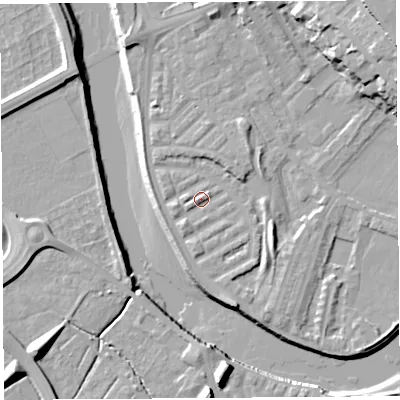 Shaded relief map of the ground around PR18EP, computed from Environment Agency LiDAR. The ground here sits at about 7 m above sea level and falls 20 m across the surrounding 800 m. Surface water reaching this point runs off ground lying to the east-north-east, 12.8 m higher.