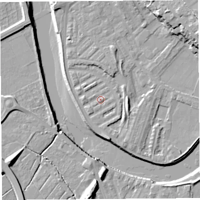 Shaded relief map of the ground around PR18EQ, computed from Environment Agency LiDAR. The ground here sits at about 7 m above sea level and falls 21 m across the surrounding 800 m. Surface water reaching this point runs off ground lying to the east, 3.8 m higher.