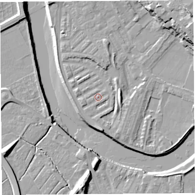 Shaded relief map of the ground around PR18ER, computed from Environment Agency LiDAR. The ground here sits at about 7 m above sea level and falls 21 m across the surrounding 800 m. Surface water reaching this point runs off ground lying to the east-south-east, 0.9 m higher.
