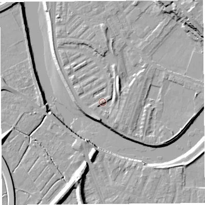 Shaded relief map of the ground around PR18ES, computed from Environment Agency LiDAR. The ground here sits at about 7 m above sea level and falls 20 m across the surrounding 800 m. Surface water reaching this point runs off ground lying to the east-north-east, 2.7 m higher.