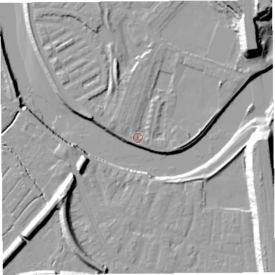Shaded relief map of the ground around PR18ET, computed from Environment Agency LiDAR. The ground here sits at about 7 m above sea level and falls 27 m across the surrounding 800 m. Surface water reaching this point runs off ground lying to the north-north-west, 1.4 m higher.