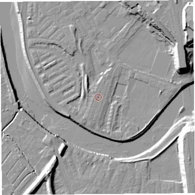Shaded relief map of the ground around PR18EU, computed from Environment Agency LiDAR. The ground here sits at about 8 m above sea level and falls 28 m across the surrounding 800 m. The ground contributing surface water to this point lies to the south-east.
