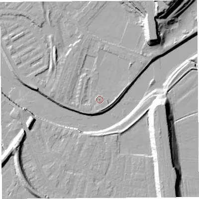 Shaded relief map of the ground around PR18EW, computed from Environment Agency LiDAR. The ground here sits at about 7 m above sea level and falls 28 m across the surrounding 800 m. Surface water reaching this point runs off ground lying to the north-east, 2.6 m higher.