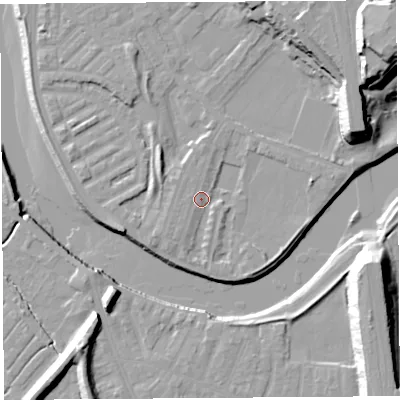 Shaded relief map of the ground around PR18EX, computed from Environment Agency LiDAR. The ground here sits at about 7 m above sea level and falls 28 m across the surrounding 800 m. Surface water reaching this point runs off ground lying to the east, 2.8 m higher.