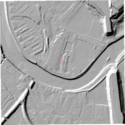 Shaded relief map of the ground around PR18HA, computed from Environment Agency LiDAR. The ground here sits at about 7 m above sea level and falls 28 m across the surrounding 800 m. Surface water reaching this point runs off ground lying to the east-north-east, 2.8 m higher.