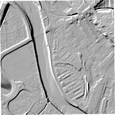 Shaded relief map of the ground around PR18HB, computed from Environment Agency LiDAR. The ground here sits at about 7 m above sea level and falls 20 m across the surrounding 800 m. Surface water reaching this point runs off ground lying to the north-east, 15.1 m higher.