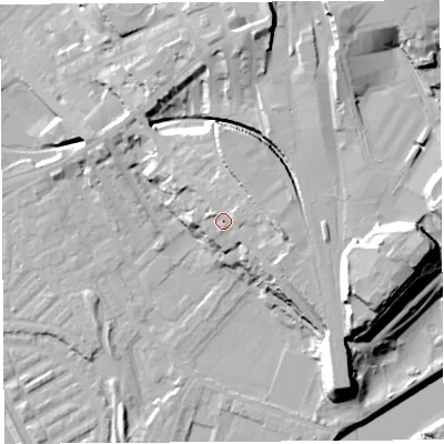Shaded relief map of the ground around PR18HU, computed from Environment Agency LiDAR. The ground here sits at about 16 m above sea level and falls 29 m across the surrounding 800 m. Surface water reaching this point runs off ground lying to the east-south-east, 5.3 m higher.