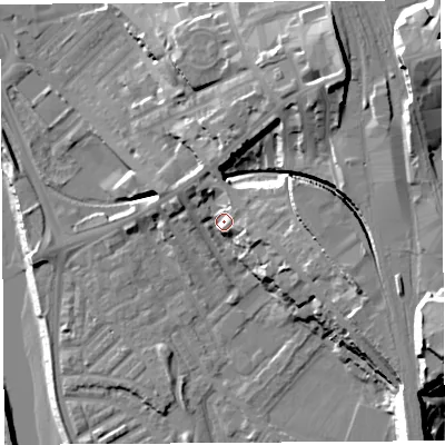 Shaded relief map of the ground around PR18HY, computed from Environment Agency LiDAR. The ground here sits at about 11 m above sea level and falls 31 m across the surrounding 800 m. Surface water reaching this point runs off ground lying to the north-east, 20.7 m higher.