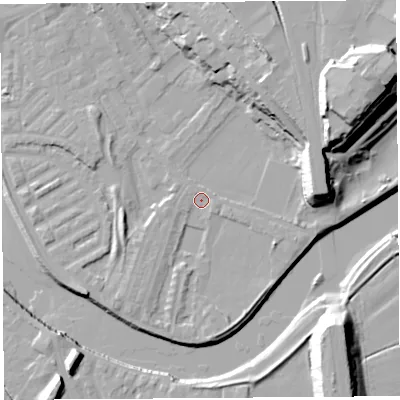 Shaded relief map of the ground around PR18JF, computed from Environment Agency LiDAR. The ground here sits at about 7 m above sea level and falls 29 m across the surrounding 800 m. Surface water reaching this point runs off ground lying to the north-east, 14.4 m higher.