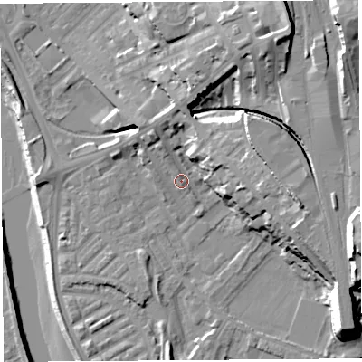 Shaded relief map of the ground around PR18JH, computed from Environment Agency LiDAR. The ground here sits at about 8 m above sea level and falls 31 m across the surrounding 800 m. Surface water reaching this point runs off ground lying to the north-east, 20.7 m higher.