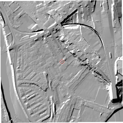 Shaded relief map of the ground around PR18JJ, computed from Environment Agency LiDAR. The ground here sits at about 6 m above sea level and falls 28 m across the surrounding 800 m. Surface water reaching this point runs off ground lying to the south-west, 2.6 m higher.