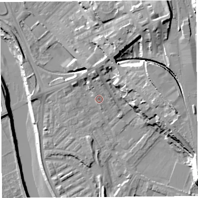 Shaded relief map of the ground around PR18JL, computed from Environment Agency LiDAR. The ground here sits at about 8 m above sea level and falls 30 m across the surrounding 800 m. Surface water reaching this point runs off ground lying to the north, 5.9 m higher.