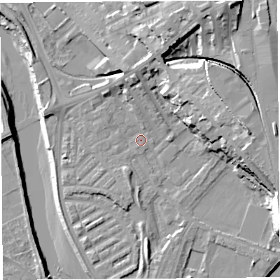 Shaded relief map of the ground around PR18JN, computed from Environment Agency LiDAR. The ground here sits at about 7 m above sea level and falls 27 m across the surrounding 800 m. Surface water reaching this point runs off ground lying to the north, 5.9 m higher.