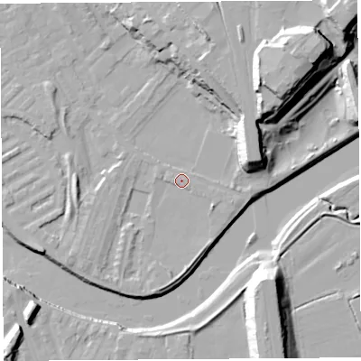 Shaded relief map of the ground around PR18JP, computed from Environment Agency LiDAR. The ground here sits at about 7 m above sea level and falls 29 m across the surrounding 800 m. Surface water reaching this point runs off ground lying to the south-east, 2.8 m higher.