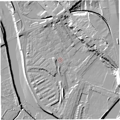 Shaded relief map of the ground around PR18JQ, computed from Environment Agency LiDAR. The ground here sits at about 7 m above sea level and falls 22 m across the surrounding 800 m. Surface water reaching this point runs off ground lying to the west, 2.6 m higher.