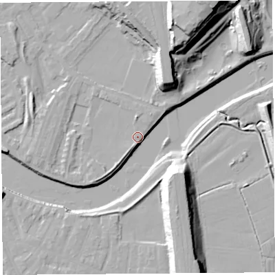 Shaded relief map of the ground around PR18JR, computed from Environment Agency LiDAR. The ground here sits at about 7 m above sea level and falls 27 m across the surrounding 800 m. Surface water reaching this point runs off ground lying to the south-west, 1.7 m higher.