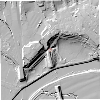 Shaded relief map of the ground around PR18JT, computed from Environment Agency LiDAR. The ground here sits at about 14 m above sea level and falls 34 m across the surrounding 800 m. Surface water reaching this point runs off ground lying to the north-west, 6.7 m higher.