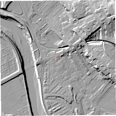 Shaded relief map of the ground around PR18JW, computed from Environment Agency LiDAR. The ground here sits at about 8 m above sea level and falls 27 m across the surrounding 800 m. Surface water reaching this point runs off ground lying to the north-east, 2.0 m higher.