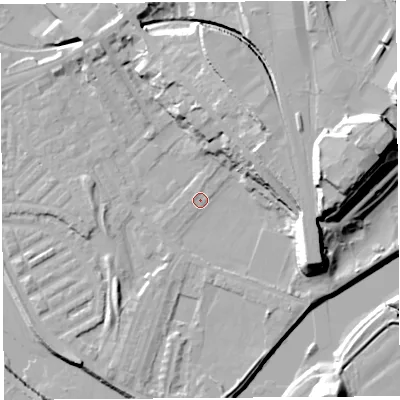 Shaded relief map of the ground around PR18JY, computed from Environment Agency LiDAR. The ground here sits at about 6 m above sea level and falls 29 m across the surrounding 800 m. Surface water reaching this point runs off ground lying to the north-east, 15.7 m higher.