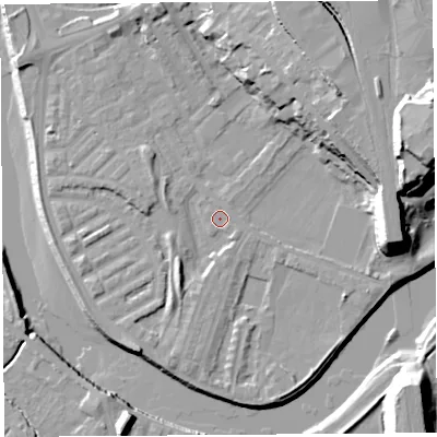 Shaded relief map of the ground around PR18LA, computed from Environment Agency LiDAR. The ground here sits at about 6 m above sea level and falls 28 m across the surrounding 800 m. Surface water reaching this point runs off ground lying to the south-west, 3.8 m higher.