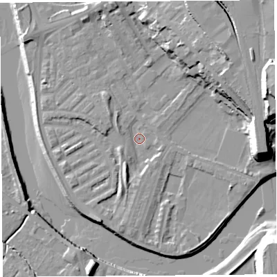 Shaded relief map of the ground around PR18LD, computed from Environment Agency LiDAR. The ground here sits at about 6 m above sea level and falls 28 m across the surrounding 800 m. Surface water reaching this point runs off ground lying to the north-east, 15.9 m higher.