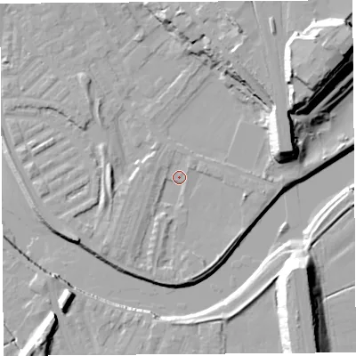 Shaded relief map of the ground around PR18LJ, computed from Environment Agency LiDAR. The ground here sits at about 6 m above sea level and falls 29 m across the surrounding 800 m. Surface water reaching this point runs off ground lying to the east-south-east, 2.8 m higher.
