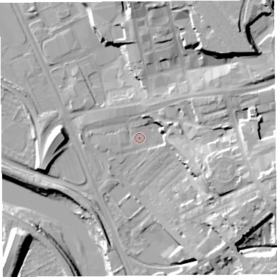 Shaded relief map of the ground around PR18LT, computed from Environment Agency LiDAR. The ground here sits at about 7 m above sea level and falls 27 m across the surrounding 800 m. Surface water reaching this point runs off ground lying to the east-north-east, 11.2 m higher.
