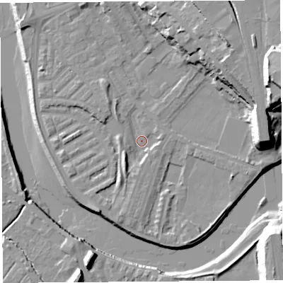 Shaded relief map of the ground around PR18LU, computed from Environment Agency LiDAR. The ground here sits at about 6 m above sea level and falls 28 m across the surrounding 800 m. Surface water reaching this point runs off ground lying to the south-west, 3.8 m higher.