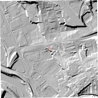 Shaded relief map of the ground around PR18NQ, computed from Environment Agency LiDAR. The ground here sits at about 11 m above sea level and falls 30 m across the surrounding 800 m. Surface water reaching this point runs off ground lying to the east-south-east, 18.6 m higher.