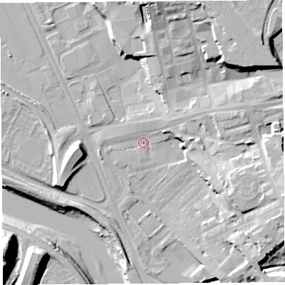 Shaded relief map of the ground around PR18NX, computed from Environment Agency LiDAR. The ground here sits at about 8 m above sea level and falls 28 m across the surrounding 800 m. Surface water reaching this point runs off ground lying to the east-north-east, 11.1 m higher.