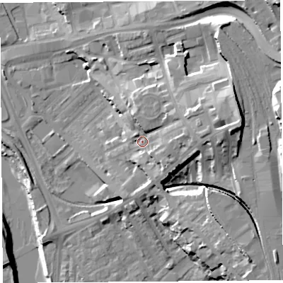Shaded relief map of the ground around PR18PJ, computed from Environment Agency LiDAR. The ground here sits at about 14 m above sea level and falls 30 m across the surrounding 800 m. Surface water reaching this point runs off ground lying to the east-north-east, 9.6 m higher.