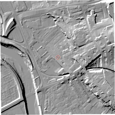 Shaded relief map of the ground around PR18PP, computed from Environment Agency LiDAR. The ground here sits at about 8 m above sea level and falls 27 m across the surrounding 800 m. Surface water reaching this point runs off ground lying to the east-north-east, 17.9 m higher.
