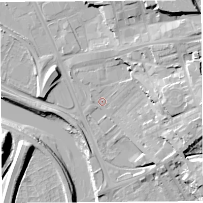 Shaded relief map of the ground around PR18PQ, computed from Environment Agency LiDAR. The ground here sits at about 7 m above sea level and falls 28 m across the surrounding 800 m. Surface water reaching this point runs off ground lying to the east, 16.0 m higher.