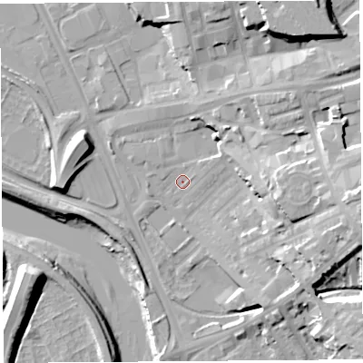 Shaded relief map of the ground around PR18PR, computed from Environment Agency LiDAR. The ground here sits at about 7 m above sea level and falls 26 m across the surrounding 800 m. Surface water reaching this point runs off ground lying to the east-north-east, 1.9 m higher.