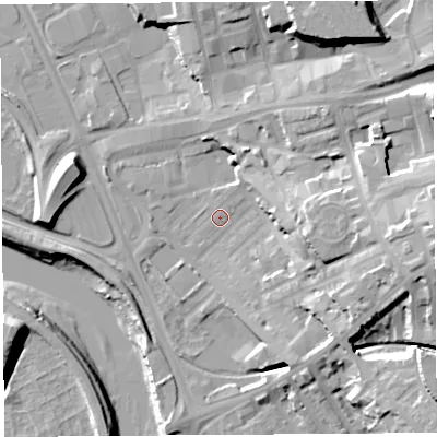 Shaded relief map of the ground around PR18PS, computed from Environment Agency LiDAR. The ground here sits at about 8 m above sea level and falls 26 m across the surrounding 800 m. Surface water reaching this point runs off ground lying to the east, 10.1 m higher.