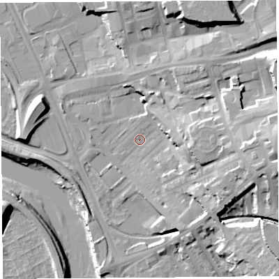 Shaded relief map of the ground around PR18PT, computed from Environment Agency LiDAR. The ground here sits at about 7 m above sea level and falls 25 m across the surrounding 800 m. Surface water reaching this point runs off ground lying to the east, 7.4 m higher.