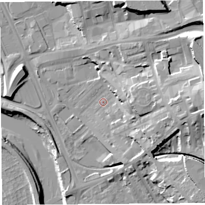 Shaded relief map of the ground around PR18PU, computed from Environment Agency LiDAR. The ground here sits at about 8 m above sea level and falls 27 m across the surrounding 800 m. Surface water reaching this point runs off ground lying to the east, 10.9 m higher.