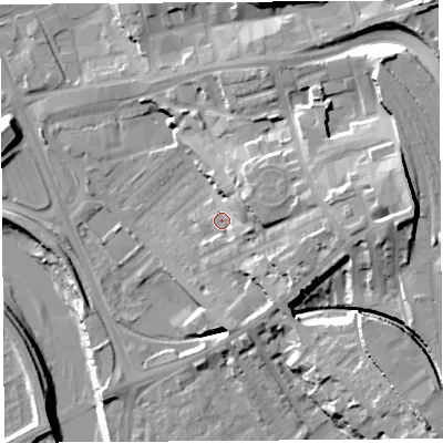Shaded relief map of the ground around PR18PW, computed from Environment Agency LiDAR. The ground here sits at about 10 m above sea level and falls 27 m across the surrounding 800 m. Surface water reaching this point runs off ground lying to the east-north-east, 11.0 m higher.