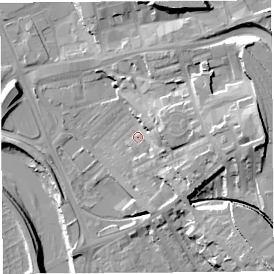 Shaded relief map of the ground around PR18PX, computed from Environment Agency LiDAR. The ground here sits at about 9 m above sea level and falls 27 m across the surrounding 800 m. Surface water reaching this point runs off ground lying to the east, 8.7 m higher.