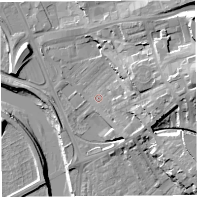 Shaded relief map of the ground around PR18PY, computed from Environment Agency LiDAR. The ground here sits at about 8 m above sea level and falls 25 m across the surrounding 800 m. Surface water reaching this point runs off ground lying to the east, 14.0 m higher.